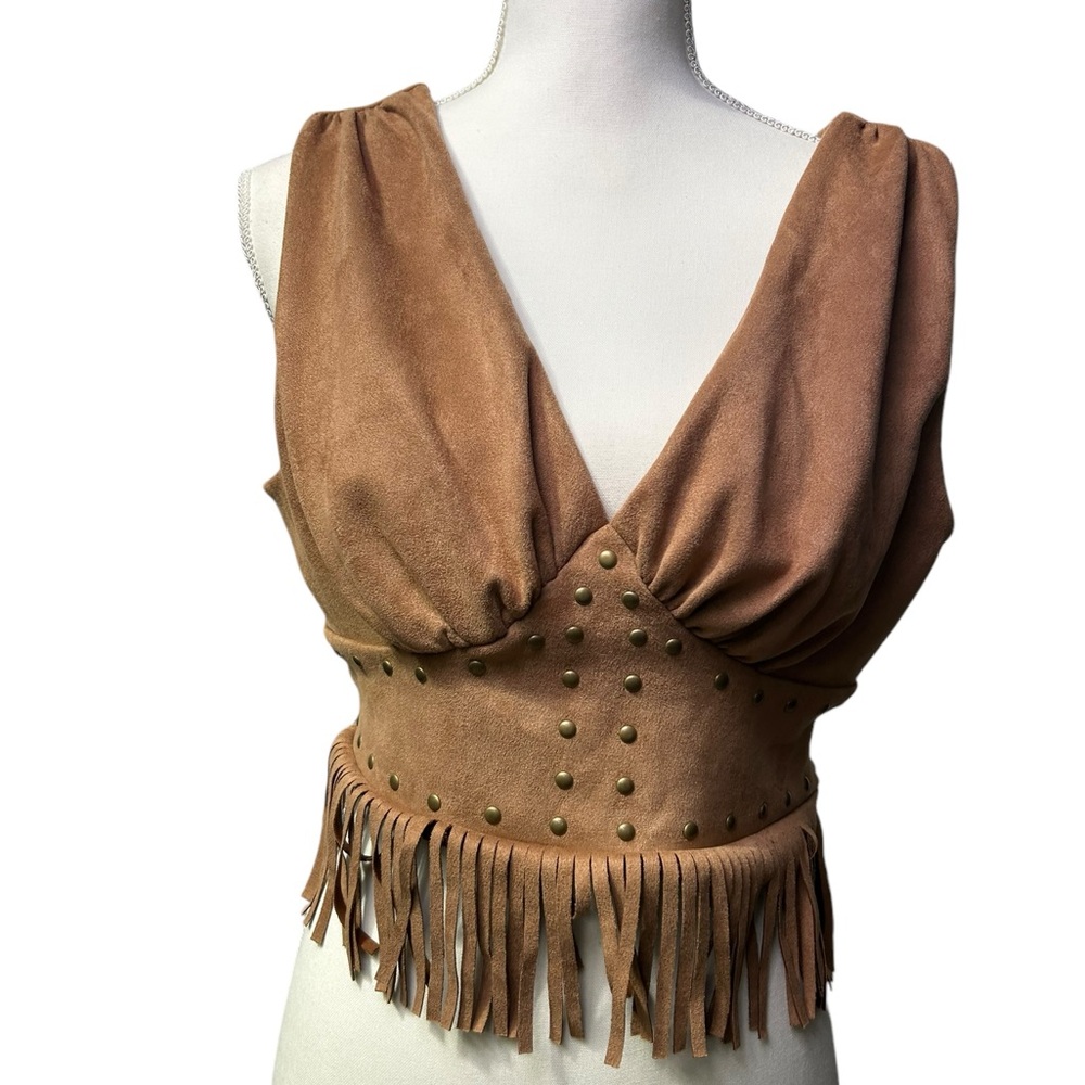 SHEIN MOD womens faux suede country fringe westernwear V front crop top NWT